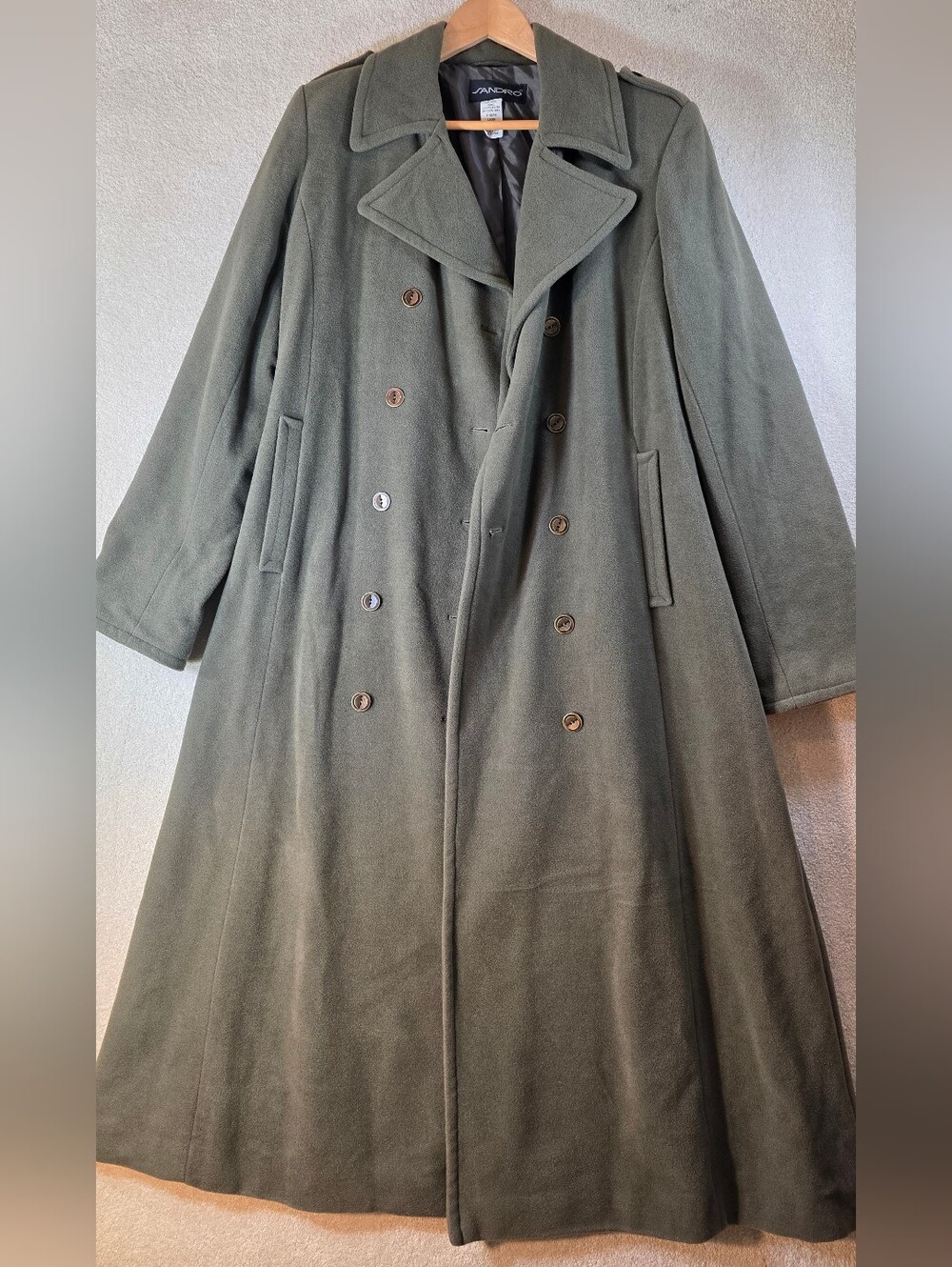 Vintage Sandro Loden Fir Green Double Breasted Wool Long Trench Coat Womens 12